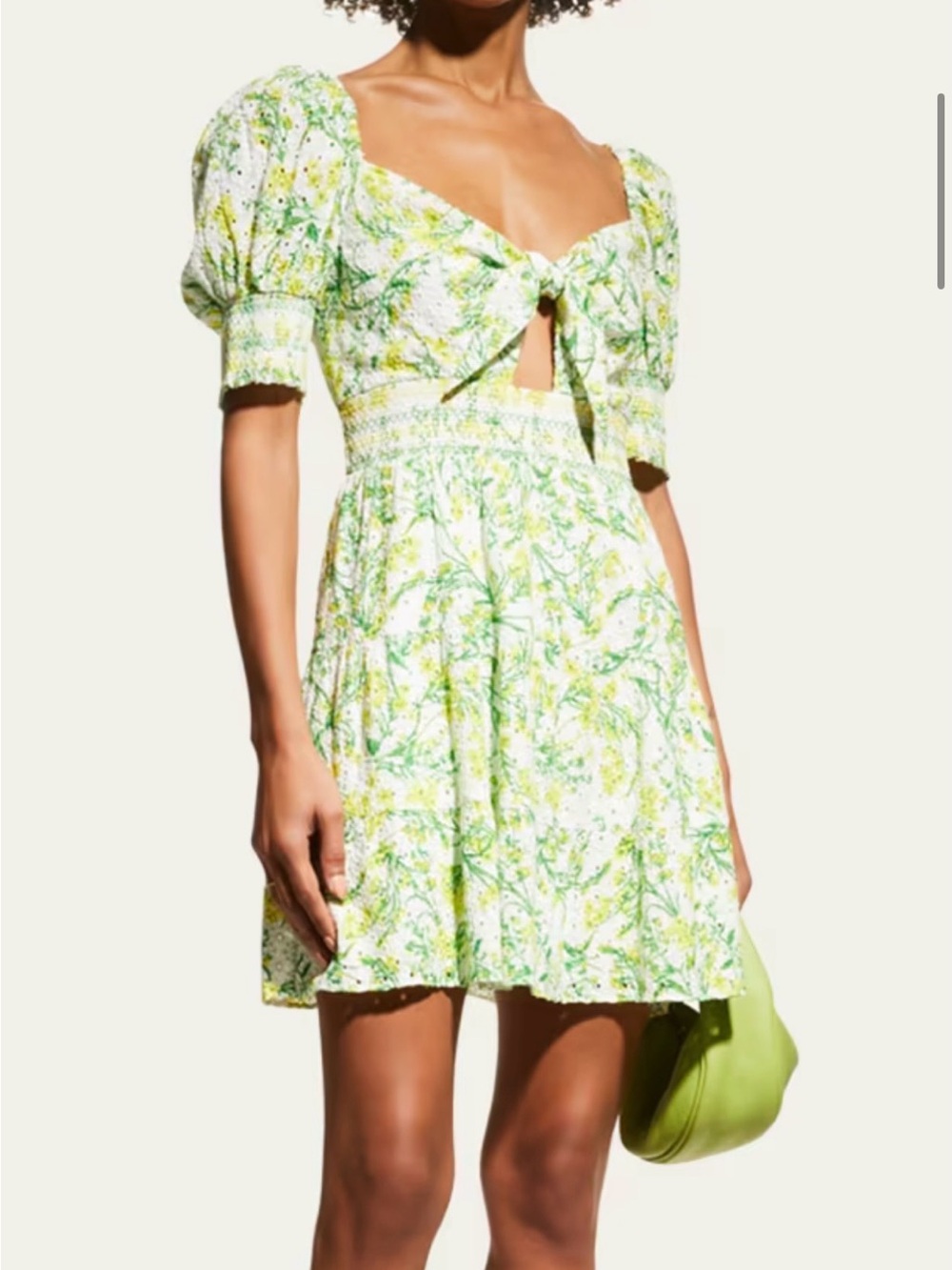 Alice + Olivia Green and White Floral Tie-Front Puff Sleeve Mini Dress
